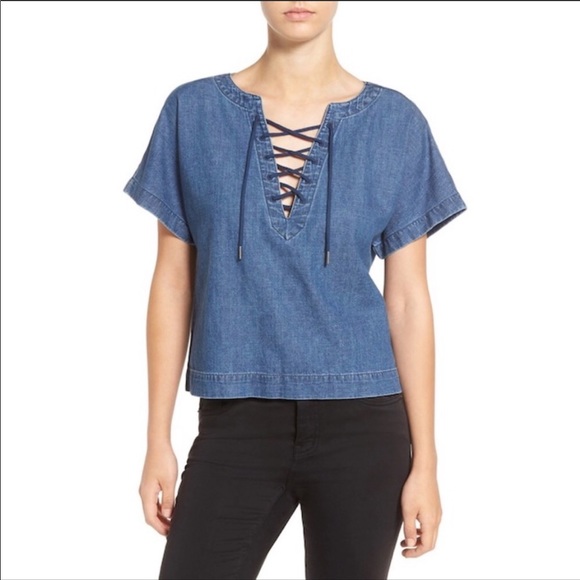 Madewell chambray lace front short sleeve top - Picture 7 of 7